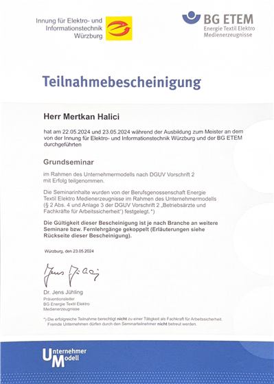 Teilnahmebescheinigung BG ETEM, Grundseminar im Unternehmermodell nach DGUV Vorschrift 2