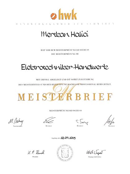 Meisterbrief im Elektrotechniker-Handwerk von Mertkan Halici