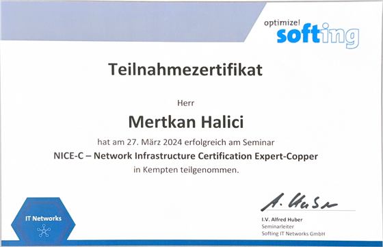 Teilnahmezertifikat Softing Network Infrastructure Certification Expert-Copper