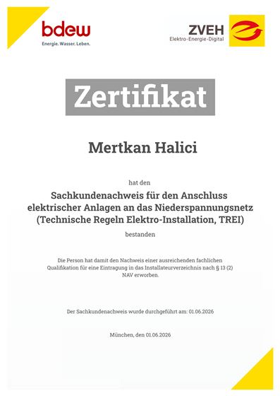 Zertifikat Sachkundenachweis TREI für den Anschluss elektrischer Anlagen an das Niederspannungsnetz