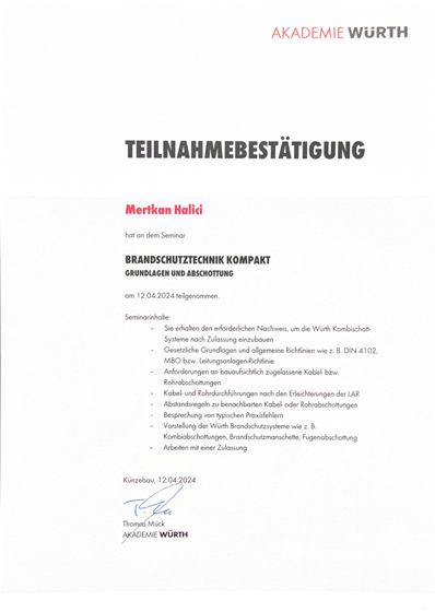 Teilnahmebestätigung Akademie Würth, Brandschutztechnik kompakt